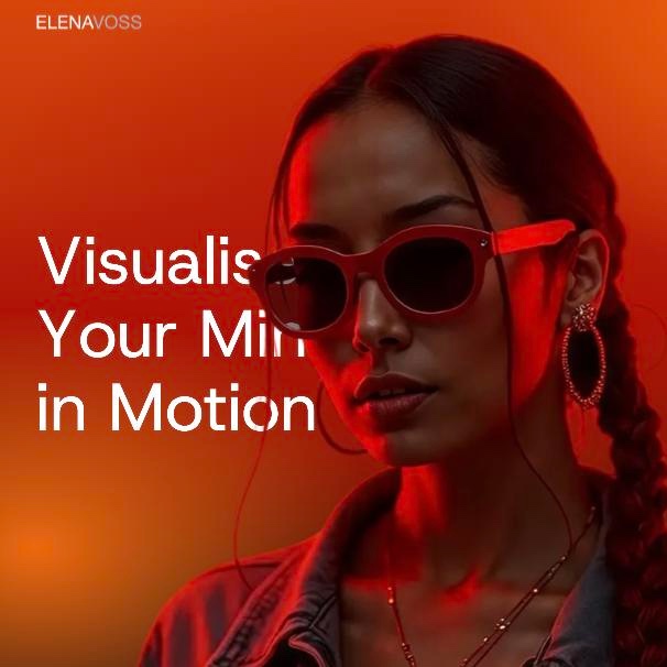 Accueil du portfolio d’Elena Voss : « Visualise Your Mind in Motion » à côté d’un portrait sur fond orange
