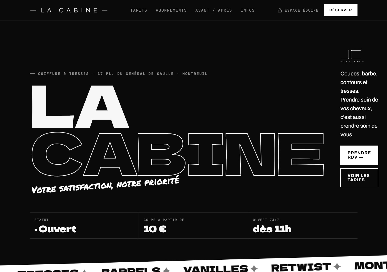 Page d’accueil du site de La Cabine, salon de coiffure et de tresses à Montreuil