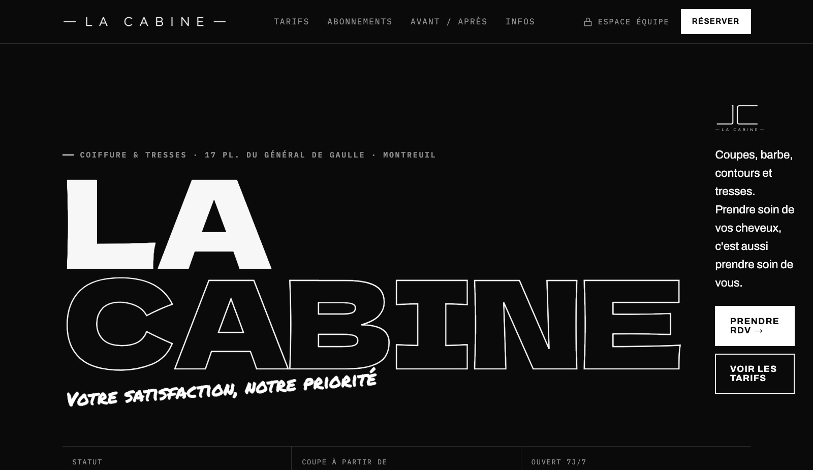 Accueil du site de La Cabine : nom du salon en grand, prise de rendez-vous, tarifs dès 10 €