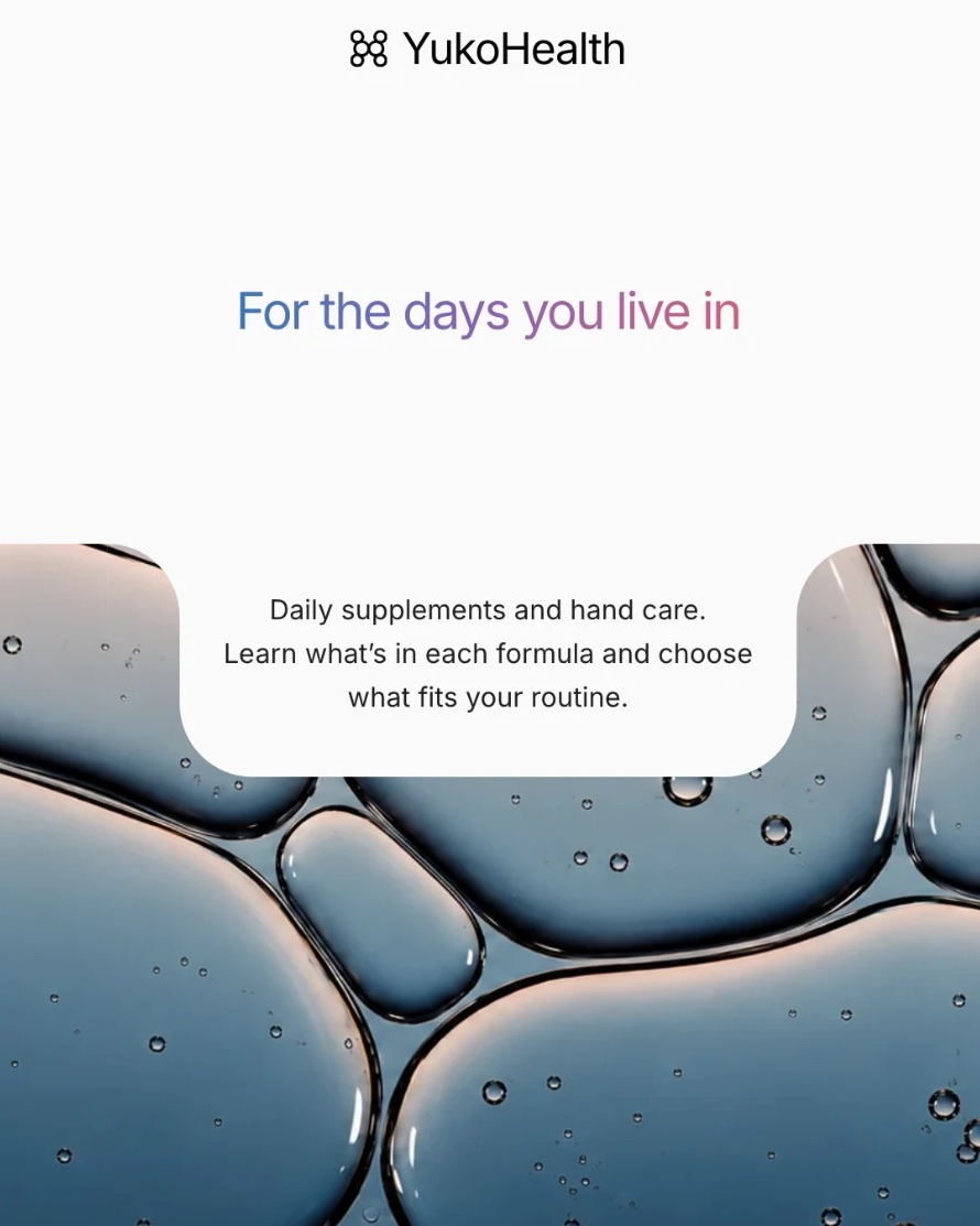 Page d’accueil de la boutique YukoHealth : « For the days you live in » au-dessus d’un visuel de gouttes d’huile